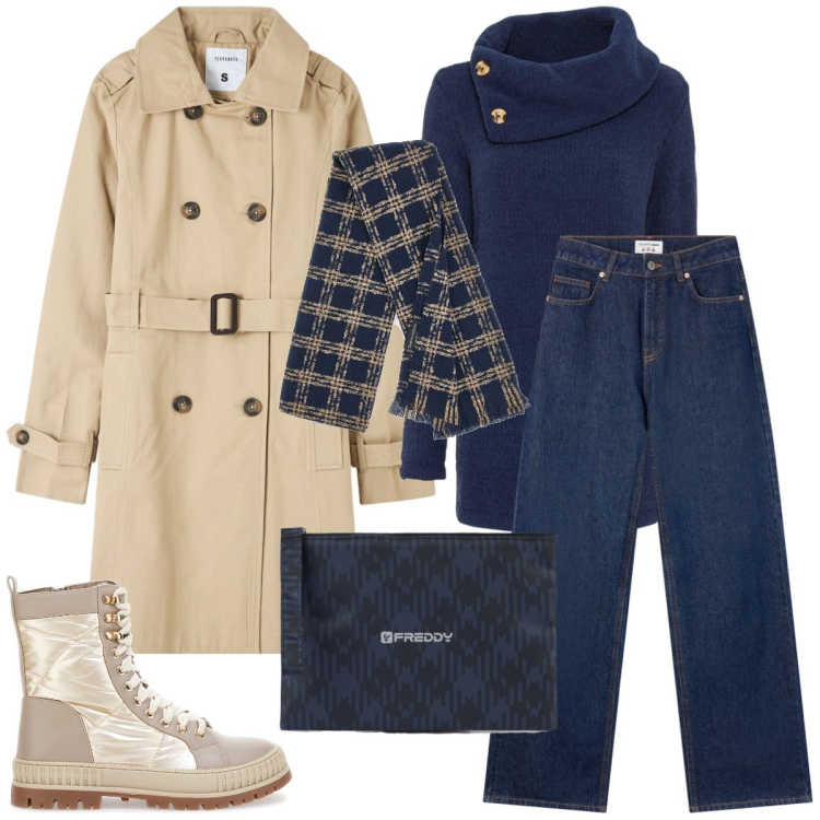 Outfit donna - Total look #2260366. Stile Casual chic per Tutti i giorni. Abbinamento con maglieria, jeans, trench, clutch, stivaletti, sciarpe.