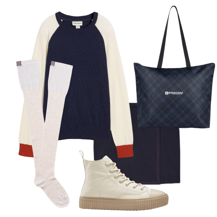 Outfit donna - I calzini lunghi lunghi. Stile Sporty chic per Scuola/Università. Abbinamento con sneakers alte, maglieria, shopping bag, calzini, gonne.