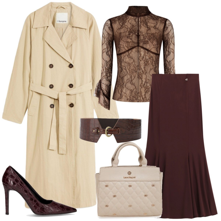 Outfit donna - Total look #2260368. Stile Chic per Tutti i giorni. Abbinamento con trench, maglieria, gonne lunghe, cinture, décolleté, borse a mano.