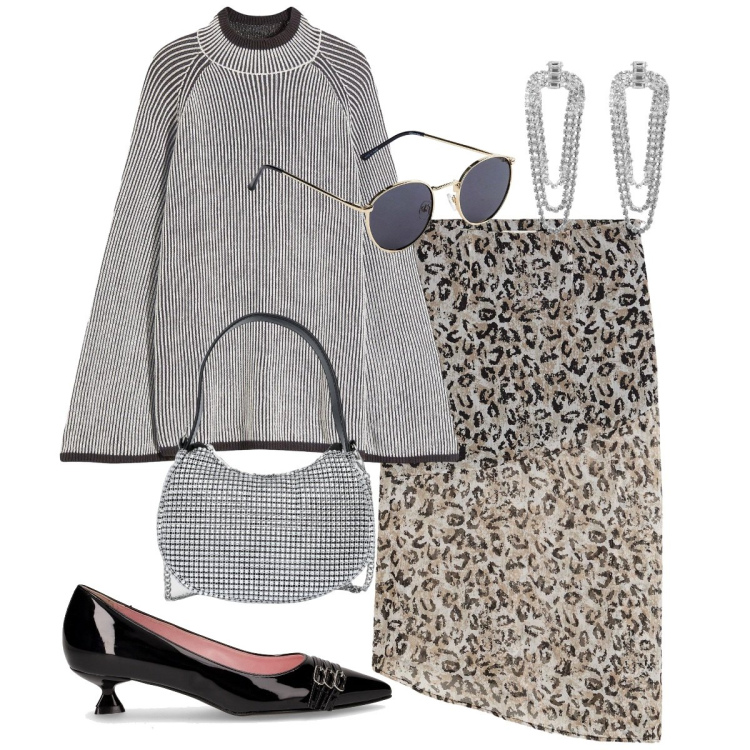 Outfit donna - Il diavolo veste Prada. Stile Glamour per Serata fuori. Abbinamento con occhiali da sole, maglieria, gonne longuette, borse a spalla, orecchini, décolleté.
