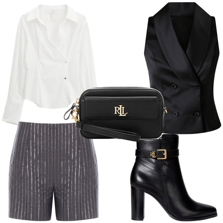 Outfit donna - Di sera in gilet e shorts. Stile Chic per Serata fuori. Abbinamento con gilet, shorts, camicie, stivaletti, pochette.