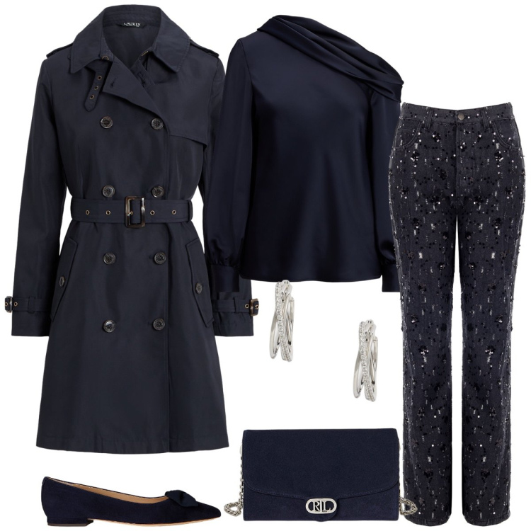 Outfit donna - Total look #2260371. Stile Chic per Serata fuori. Abbinamento con pantaloni, orecchini, borse a tracolla, ballerine, camicie, trench.