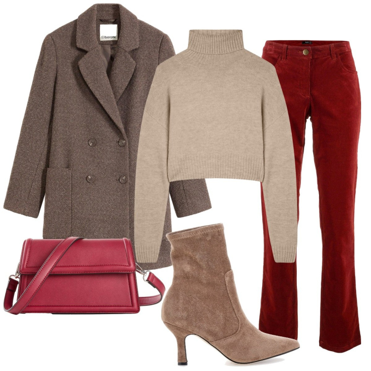 Outfit donna - Inverno non ti temo. Stile Basic per Serata fuori. Abbinamento con pantaloni, borse a tracolla, cappotti, maglieria, stivaletti chelsea.