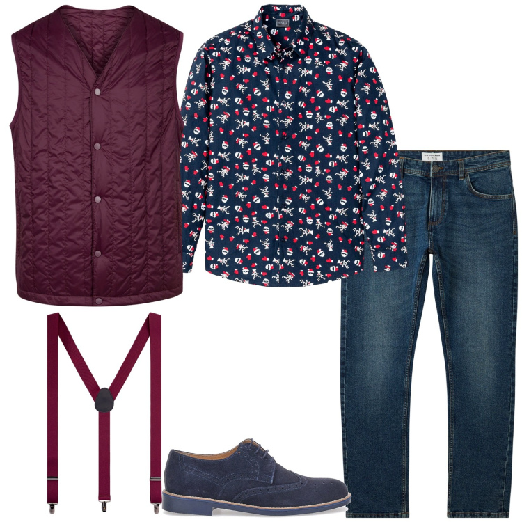 Outfit uomo - Ok così. Stile Casual per Tutti i giorni. Abbinamento con camicie, jeans, piumini, bretelle, scarpe stringate.