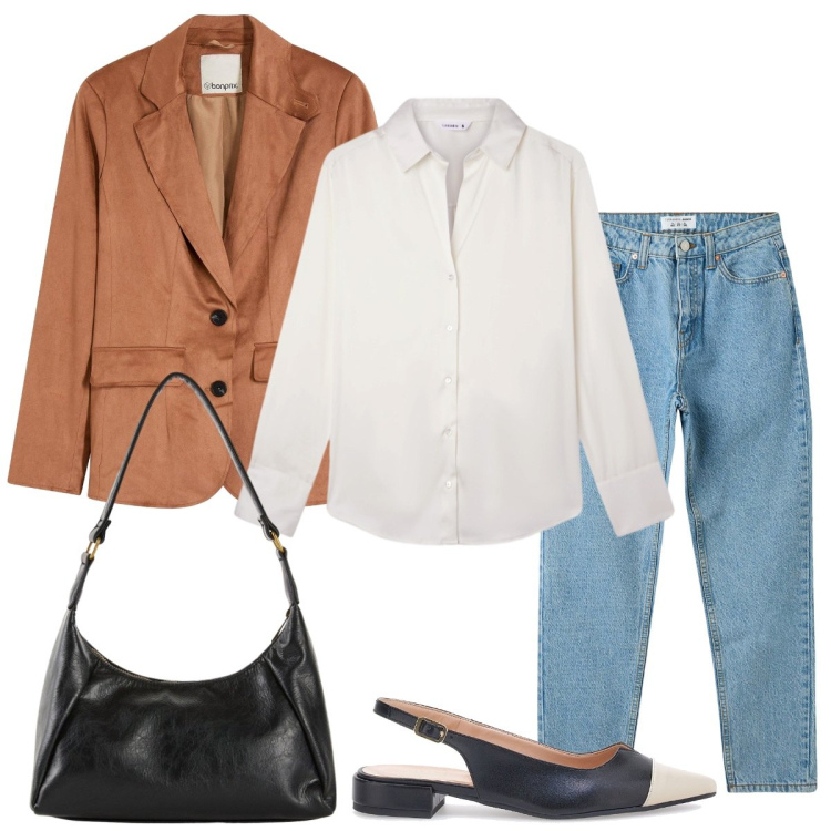 Outfit donna - Il jeans va bene con tutto. Stile Casual chic per Tutti i giorni. Abbinamento con borse a mano, blazer, jeans mom, camicie, ballerine.