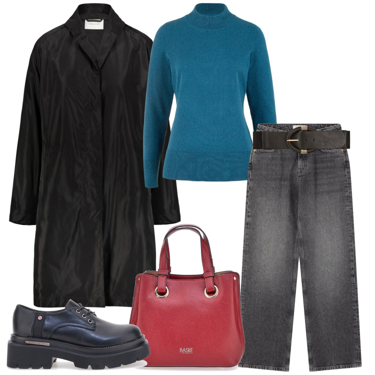 Outfit donna - Trench. Stile Casual per Scuola/Università. Abbinamento con maglieria, cinture, jeans, scarpe stringate, trench, borse a mano.
