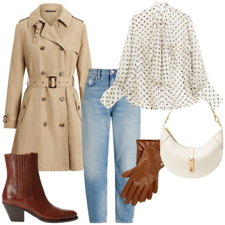 Outfit donna - Trench season. Stile Chic per Tutti i giorni. Abbinamento con camicie, borse a spalla, guanti, jeans, stivaletti texani, trench.