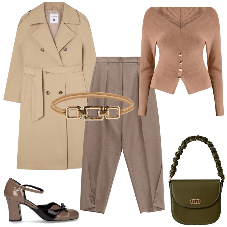 Outfit donna - Trench ovunque. Stile Casual per Ufficio. Abbinamento con trench, cinture, maglieria, borse a mano, pantaloni, décolleté.