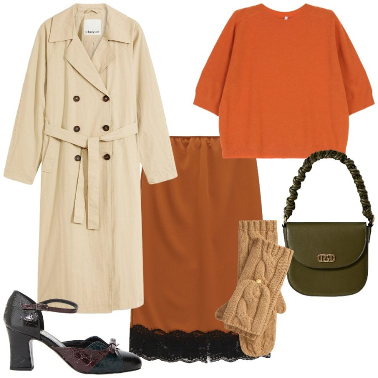 Outfit donna - Trench Season. Stile Chic per Ufficio. Abbinamento con trench, borse a mano, maglieria, gonne longuette, décolleté, guanti.