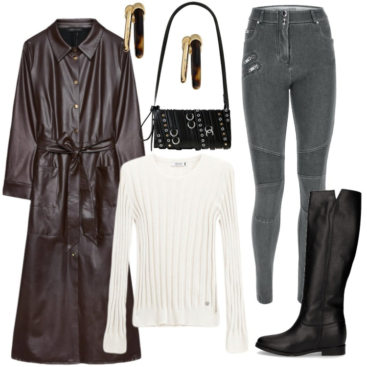 Outfit donna - Urban style. Stile Urban per Tutti i giorni. Abbinamento con pullovers, borse a spalla, jeans skinny, orecchini, vestiti chemisier, stivali.