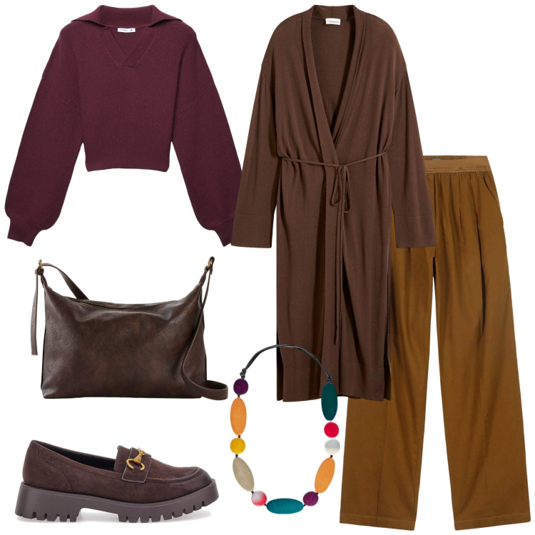 Outfit donna - Borgogna, marrone e rugine. Stile Glamour per Tutti i giorni. Abbinamento con cappotti, borse a tracolla, maglieria, mocassini, pantaloni, collane.