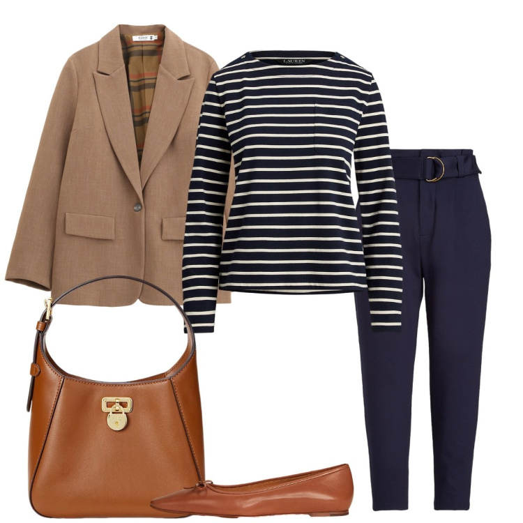Outfit donna - Le ballerine. Stile Basic per Ufficio. Abbinamento con blazer, borse a tracolla, ballerine, maglieria, pantaloni.