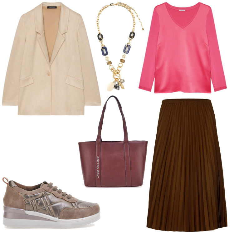 Outfit donna - Over size con stile. Stile Casual chic per Ufficio. Abbinamento con gonne longuette, sneakers, collane, shopping bag, blazer, t-shirt.