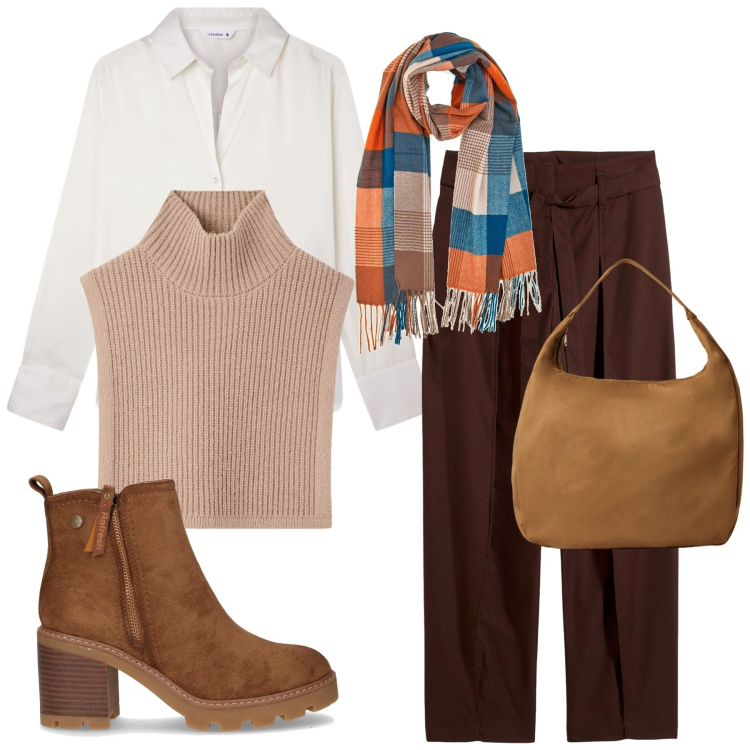 Outfit donna - Total look #2260388. Stile Urban per Tutti i giorni. Abbinamento con pantaloni, camicie, borse a mano, cappotti, stivaletti, sciarpe.