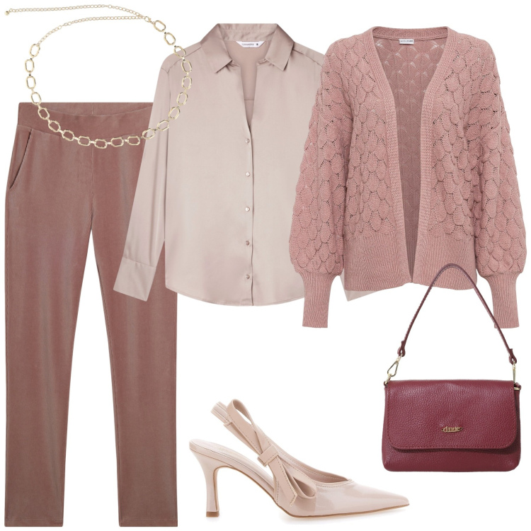 Outfit donna - Non solo marrone. Stile Trendy per Ufficio. Abbinamento con cardigans, camicie, pantaloni, collane, borse a tracolla, décolleté.
