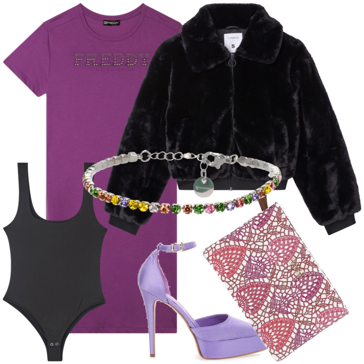 Outfit donna - Simply an evening. Stile Trendy per Serata fuori. Abbinamento con ecopellicce, body, braccialetti, vestiti, pochette, décolleté.