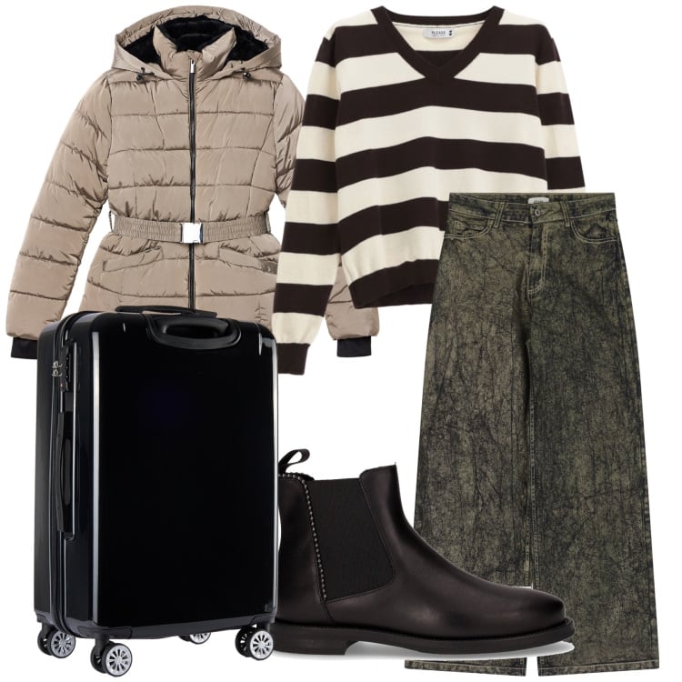 Outfit donna - Partendo. Stile Urban per Tutti i giorni. Abbinamento con piumini, maglieria, valigie, jeans, stivaletti chelsea.