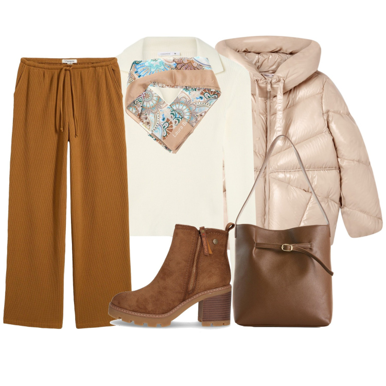 Outfit donna - Autunno. Stile Casual per Tutti i giorni. Abbinamento con pantaloni, borse a mano, maglieria, giacche, foulard, stivaletti.
