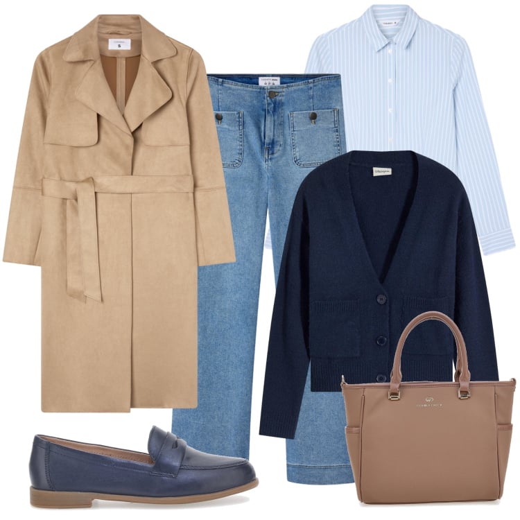 Outfit donna - Trench in similpelle scamosciata. Stile Urban per Tutti i giorni. Abbinamento con cardigans, camicie, trench, jeans, borse a tracolla, mocassini.