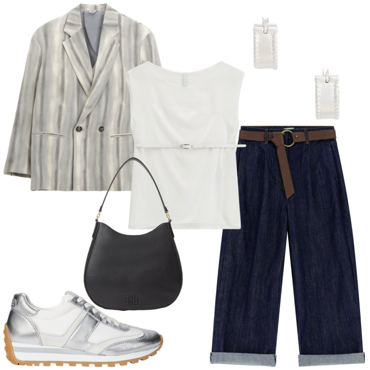 Outfit donna - Total look #2260398. Stile Trendy per Tutti i giorni. Abbinamento con blazer, top, jeans, sneakers, orecchini, borse a spalla.