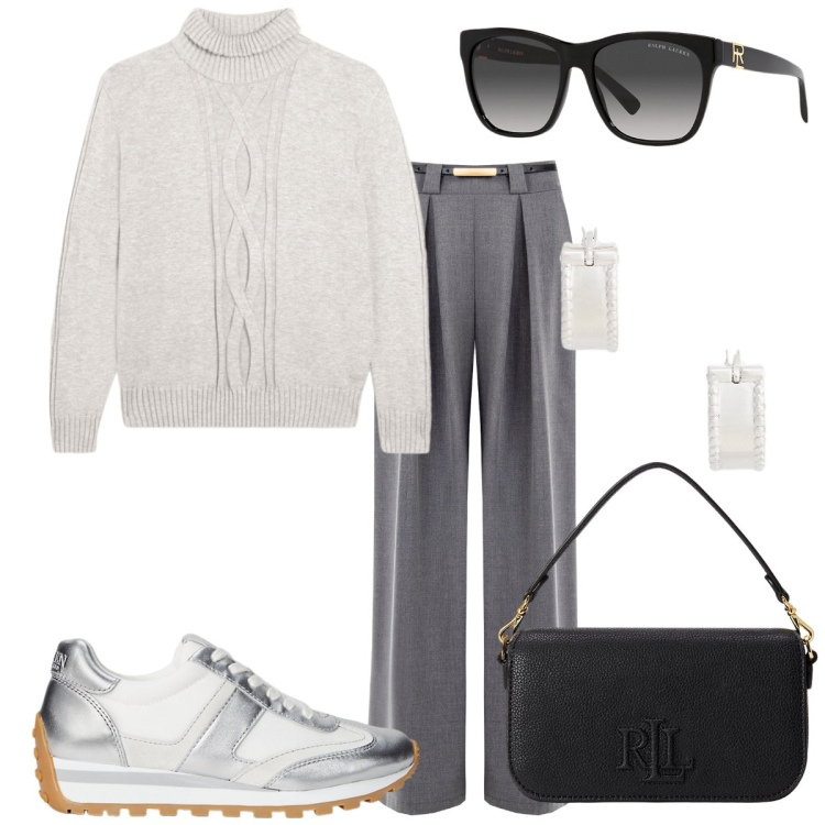 Outfit donna - Al centro commerciale spensierata. Stile Basic per Tutti i giorni. Abbinamento con pantaloni a palazzo, maglieria, orecchini, occhiali da sole, sneakers, borse a spalla.