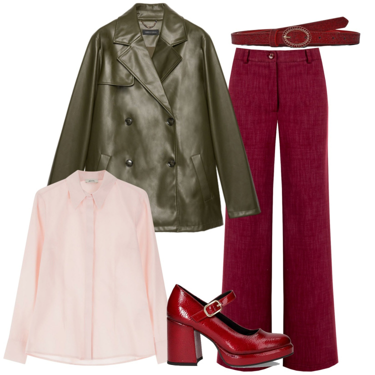 Outfit donna - Red addict. Stile Casual chic per Ufficio. Abbinamento con cinture, pantaloni, camicie, décolleté, giacche.