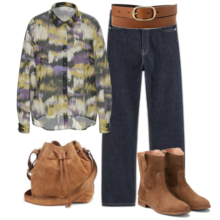 Outfit mujer - Casual #11351. Estilo Casual para Todos los días. Combinación con cinturones, blusas, botas, bolsos saco, vaqueros rectos.
