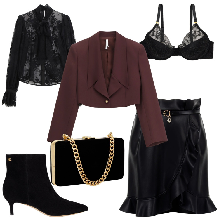 Outfit donna - Sexy e sofisticata. Stile Sexy per Serata fuori. Abbinamento con minigonne, blazer, camicie, clutch, stivaletti, reggiseni.