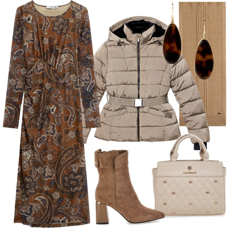 Outfit donna - Outfit giorno. Stile Casual chic per Tutti i giorni. Abbinamento con piumini, vestiti midi/longuette, sciarpe, orecchini, borse a mano, stivaletti.