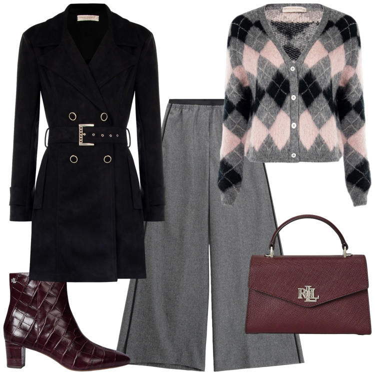 Outfit donna - Trench Season. Stile Urban per Ufficio. Abbinamento con pantaloni, trench, cardigans, borse a mano, stivaletti.