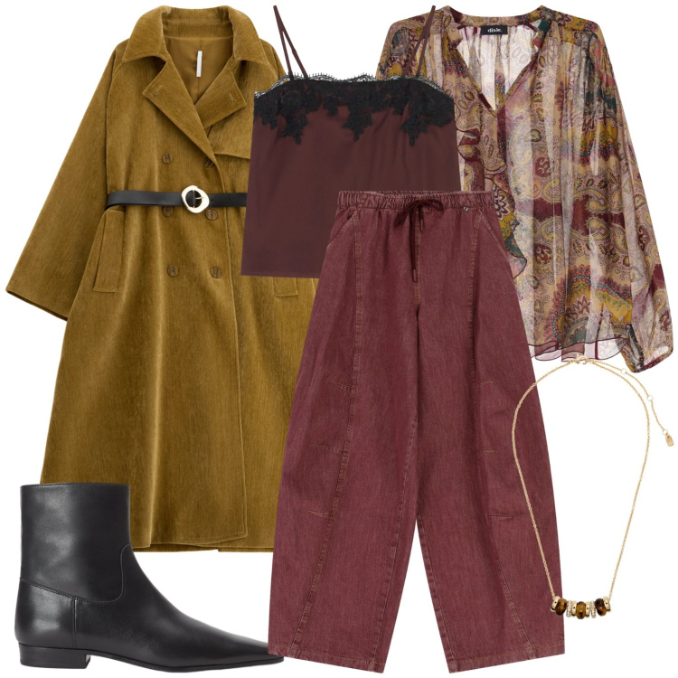 Outfit donna - Trench e trasparenze. Stile Chic per Serata fuori. Abbinamento con trench, top, pantaloni a palazzo, camicie, collane, stivaletti.