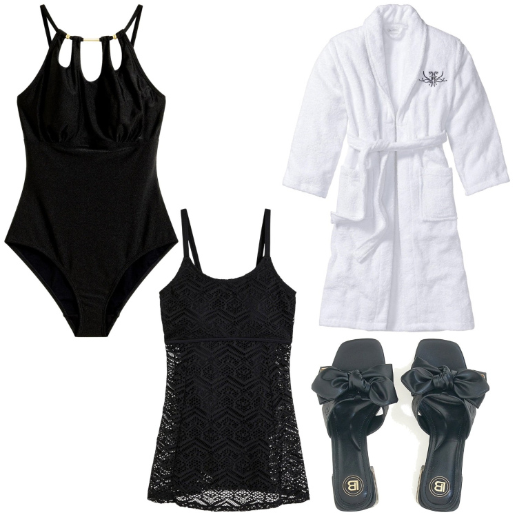Outfit donna - Una giornata alla SPA. Stile Basic per Mare. Abbinamento con vestiti da spiaggia, accappatoi, costumi interi, ciabatte.