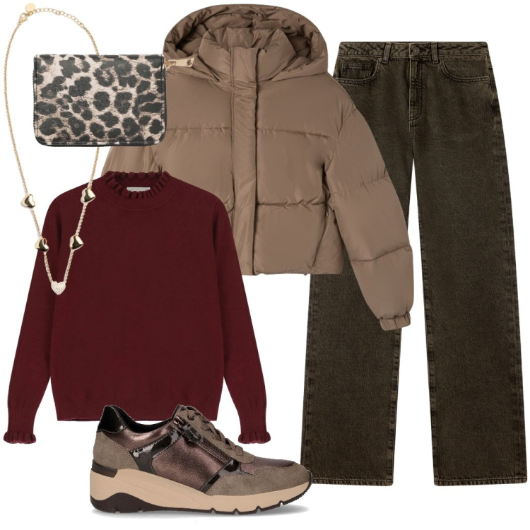 Outfit donna - Urban style. Stile Casual per Tutti i giorni. Abbinamento con portafogli, jeans dritti, bomber, collane, maglieria, sneakers alte.