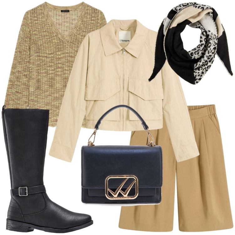Outfit donna - Trench corto. Stile Glamour per Tutti i giorni. Abbinamento con stivali, bermuda, trench, foulard, borse a tracolla, maglieria.