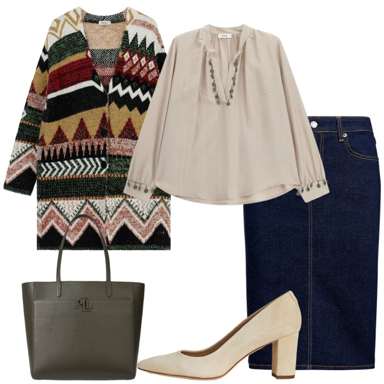 Outfit donna - La gonna di jeans. Stile Basic per Tutti i giorni. Abbinamento con camicie, cappotti, gonne, décolleté, borse tote.