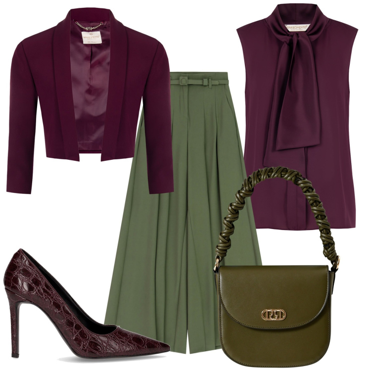 Outfit donna - Bella come l\' autunno. Stile Glamour per Serata fuori. Abbinamento con top, borse a mano, blazer, pantaloni a palazzo, décolleté.