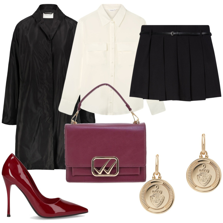 Outfit donna - Trench nero e tocco rosso. Stile Glamour per Serata fuori. Abbinamento con minigonne, camicie, orecchini, trench, borse a tracolla, décolleté.