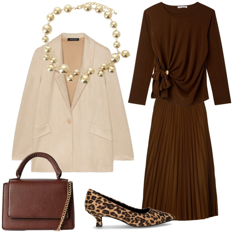 Outfit donna - Da mattina a sera. Stile Chic per Tutti i giorni. Abbinamento con borse a tracolla, bluse, collane, gonne longuette, blazer, décolleté.