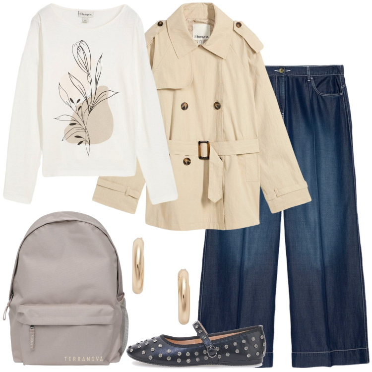 Outfit donna - Casual trench. Stile Casual chic per Scuola/Università. Abbinamento con maglieria, trench, zaini, orecchini, ballerine, pantaloni.