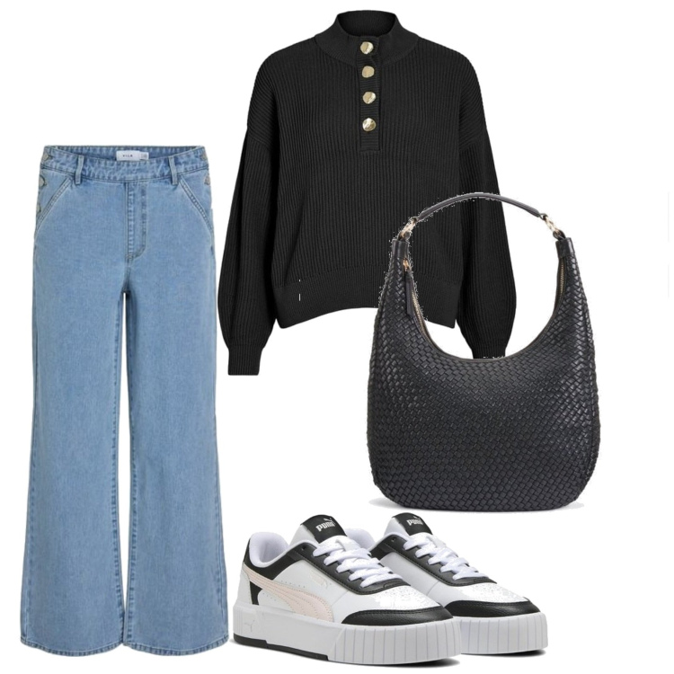 Outfit mujer - Urban look. Estilo Urban para Todos los días. Combinación con vaqueros rectos, sneakers, bolso tote, prendas de punto.