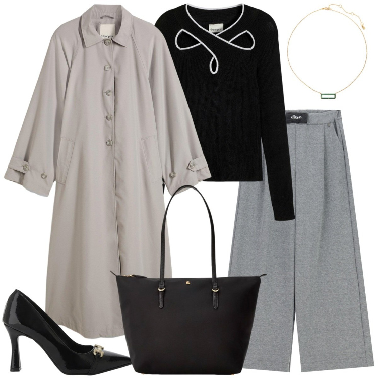 Outfit donna - Trench Season. Stile Casual chic per Ufficio. Abbinamento con trench, maglieria, décolleté, pantaloni a palazzo, borse tote, collane.
