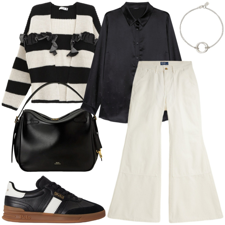 Outfit donna - Cardigan e voulant. Stile Casual chic per Ufficio. Abbinamento con cardigans, borse a mano, braccialetti, sneakers, pantaloni, camicie.