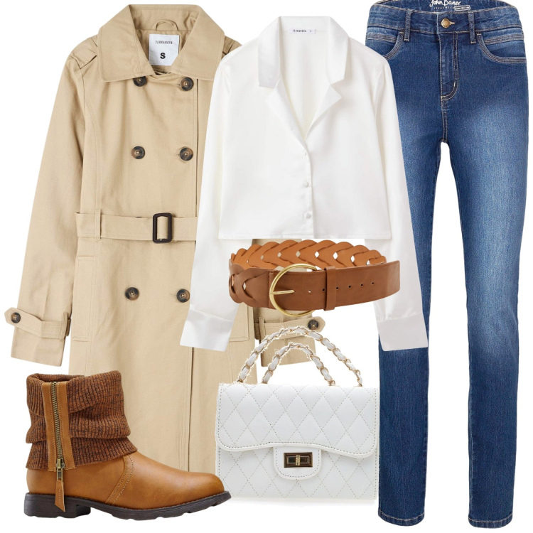 Outfit donna - Total look #2260427. Stile Casual per Tutti i giorni. Abbinamento con stivaletti, jeans skinny, camicie, cinture, trench, borse a tracolla.