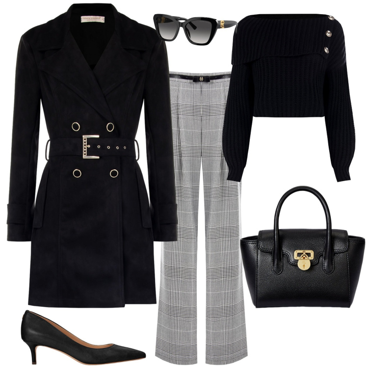 Outfit donna - Total look #2260429. Stile Chic per Ufficio. Abbinamento con trench, pantaloni, maglieria, décolleté, occhiali da sole, borse a mano.
