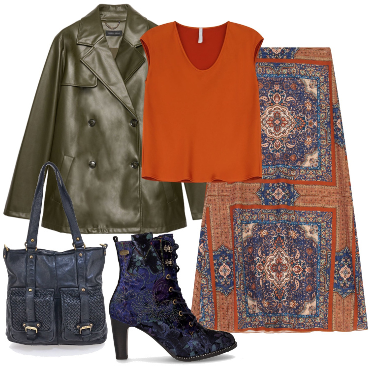 Outfit donna - Total look #2260431. Stile Casual chic per Tutti i giorni. Abbinamento con top, gonne lunghe, borse a spalla, giacche, stivaletti.
