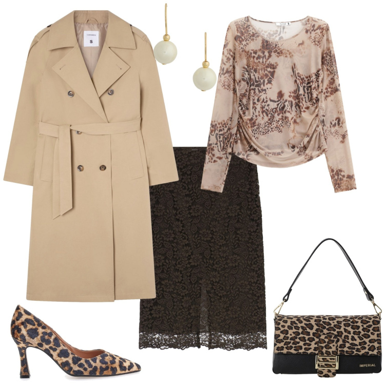 Outfit donna - Total look #2260433. Stile Chic per Serata fuori. Abbinamento con trench, maglieria, borse a spalla, gonne lunghe, orecchini, décolleté.