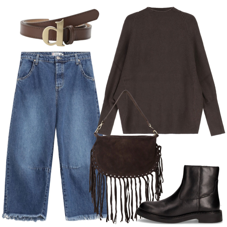 Outfit donna - Oversize. Stile Casual per Tutti i giorni. Abbinamento con jeans, borse a tracolla, cinture, maglieria, stivaletti chelsea.