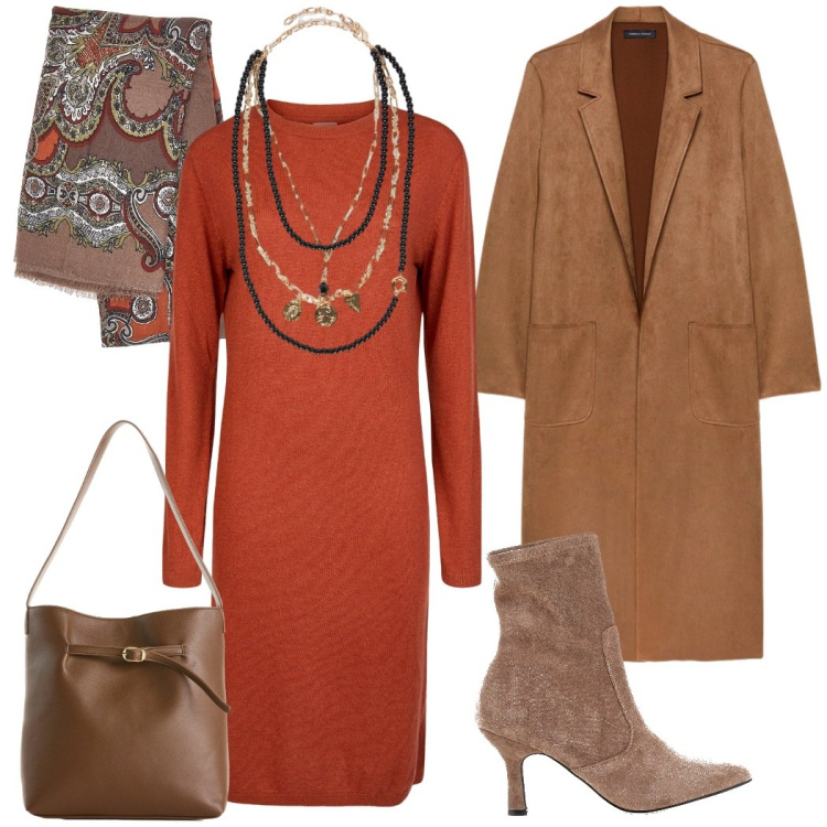 Outfit donna - A lavoro. Stile Casual chic per Ufficio. Abbinamento con borse a mano, vestiti midi/longuette, trench, collane, stivaletti chelsea, foulard.