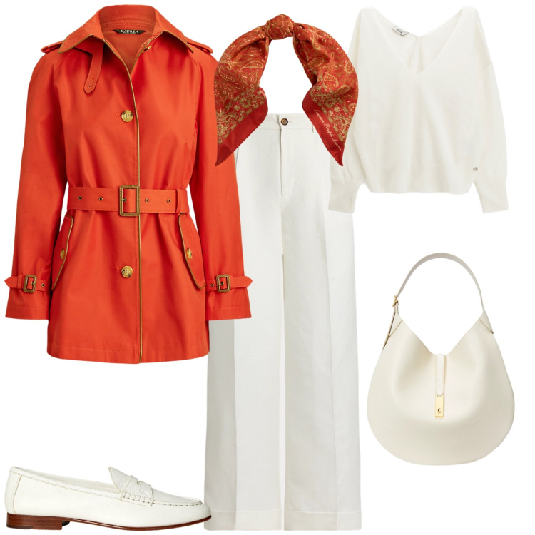 Outfit donna - Total look #2260440. Stile Trendy per Tutti i giorni. Abbinamento con maglieria, borse a spalla, pantaloni, mocassini, trench, foulard.