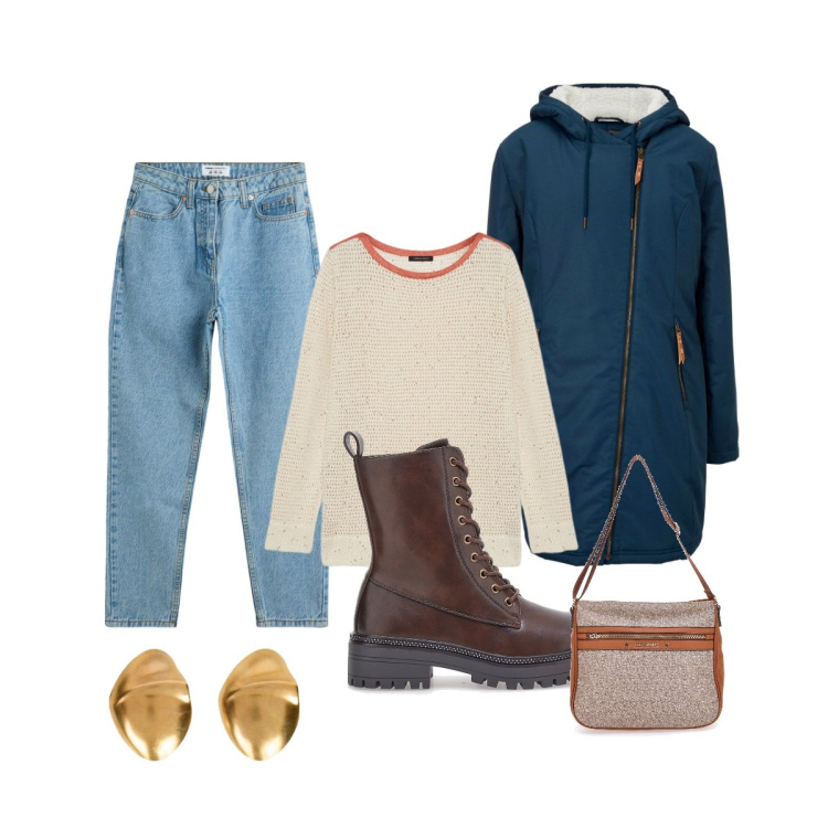 Outfit donna - Bentornato autunno. Stile Casual chic per Tutti i giorni. Abbinamento con blazer, jeans mom, anfibi, borse a tracolla, maglieria, orecchini.